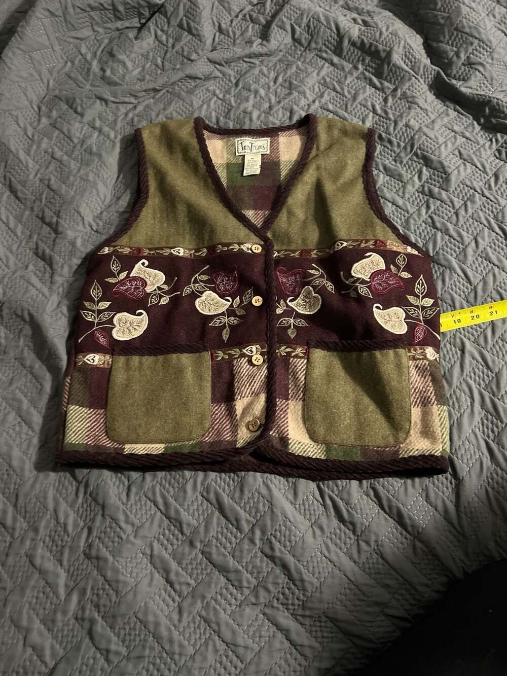Vintage TanTrums Wool Blend Embroidered Floral Plaid Button Front Vest Medium